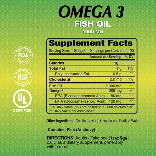 Omega 3 Fish Oil 1000mg — 100 cápsulas | Aceite de pescado puro
